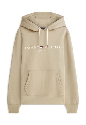 Μπεζ φούτερ Tommy Hilfiger με μπροστινή τσέπη καγκουρό, ρυθμιζόμενα λευκά κορδόνια και λογότυπο με σημαία στο στήθος και στον καρπό.