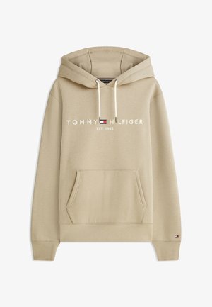 Beež Tommy Hilfiger kapuutsiga pusa esikülje kängurutasku, reguleeritavate valgete nööridega ning rinnal ja randmel lipuembleemiga logotekstiga.