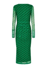 Robe verte à manches longues avec une silhouette ajustée, présentant un motif graphique noir répétitif et des fronces sur toute la surface.