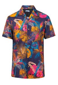 Camicia a maniche corte in tessuto blu navy con una vivace stampa tropicale di foglie di palma multicolori e fiori, con bottoni in legno.