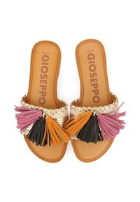 Sandaler med en tan lädersula och vävd rem, med färgglada tofsar i rosa, orange och svart. Guld accenter pryder designen.