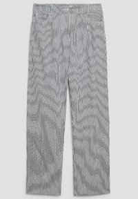 Striped pants made from lightweight fabric, featuring thin black and white vertical stripes, a relaxed fit, and side pockets.