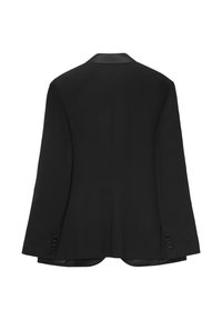 Blazer nero in tessuto liscio, con colletto in satin, maniche lunghe e dettagli con bottoni sui polsini. Il retro presenta una silhouette su misura.