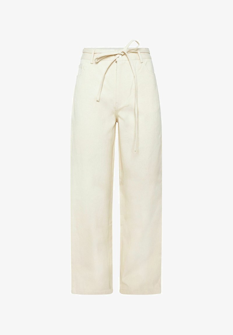 Crème-kleurige wijde broek met een elastische tailleband met trekkoord, twee zijzakken en een zachte, gemêleerde stof.