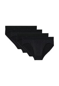 Schwarzes Baumwoll-Unterwäsche-Set mit vier Stück, das verschiedene Texturen und Muster aufweist, mit einem breiteren schwarzen Bündchen, das mit dem Markennamen geprägt ist.