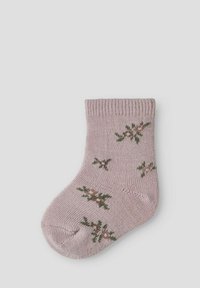 Rosa gestrickte Socken mit einer strukturierten Oberfläche und floralem Muster in Grün und Braun. Sie verfügen über einen gerippten Bund für einen sicheren Sitz.