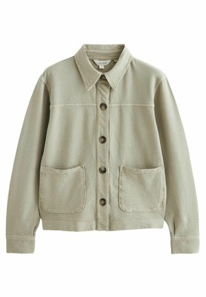 Veste texturée vert clair avec col, fermeture boutonnée à l'avant, deux grandes poches frontales et manches longues.