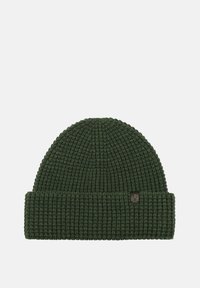 Dark green knitted beanie hat with a ribbed texture and a folded cuff. Features a small, black logo patch on the side.