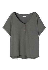 Kurzärmliges graues T-Shirt mit V-Ausschnitt und doppelter Knopfleiste. Weicher, strukturierten Stoff mit lockerer Passform und abgerundetem Saum.