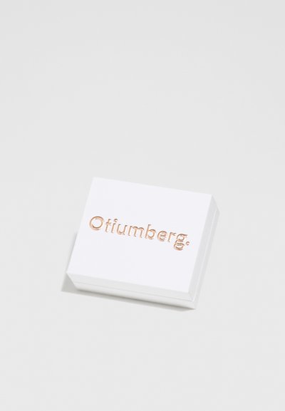White rectangular box with a smooth texture, featuring the embossed brand name "Ofiumberg" in rose gold.