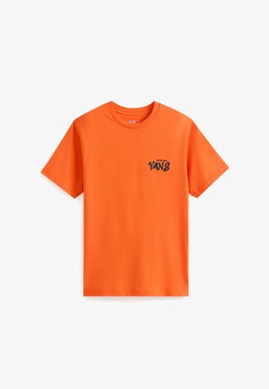 Camiseta de algodón naranja con mangas cortas, cuello redondo y un logo gráfico negro en el lado izquierdo del pecho. Textura suave, corte estándar.