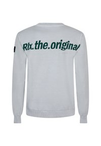 Hellgrauer Pullover mit Rundhalsausschnitt, langen Ärmeln, gerippten Bündchen und einem großen grünen Druck auf der Rückseite mit der Aufschrift "RlX.the.original."