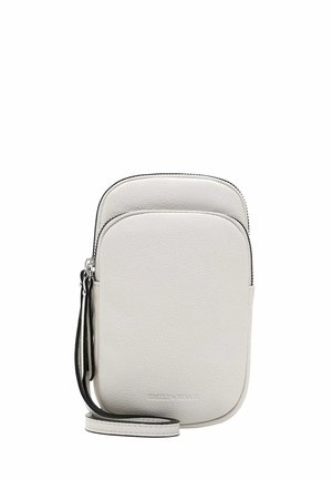 Bolso de mano blanco de cuero con textura suave, esquinas redondeadas, dos compartimentos con cremallera y una correa negra con detalles en negro.