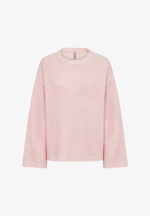 Hele-roosa kootud kampsun ümmarguse kaelusega, laiad varrukad ja soonikkoes servad. Tekstuuriga koelõige annab disainile sügavust.