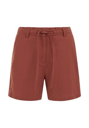 Shorts décontractés couleur rouille avec bouton à l'avant, passants pour ceinture et lien assorti en tissu à la taille.
