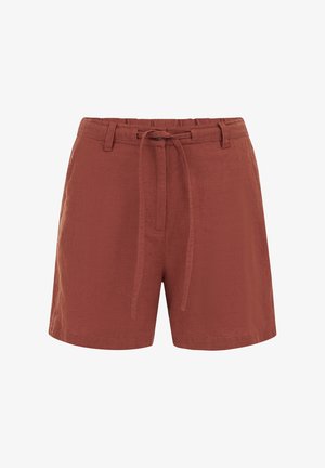 Pantaloni scurți casual de culoarea ruginii cu nasture în față, bucle pentru curea și cordon din același material la talie.