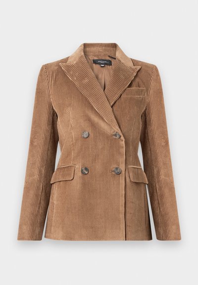 Rjav kordni blejzer z dvojnim zapenjanjem, z izrezanimi reverji, dvema sprednjima žepoma in strukturirano tkanino. Gladki gumbi kot okras.
