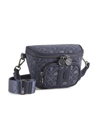 Navy blue crossbody bag made of textured material, featuring a main zip compartment, front pocket, and adjustable strap with metal accents.