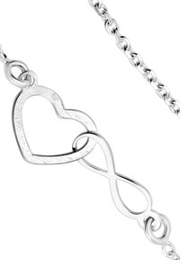 Srebrna bransoletka łańcuszkowa z połączonymi symbolami serca i nieskończoności, z wyszczotkowanym i teksturowanym wykończeniem dla uzyskania kontrastu.