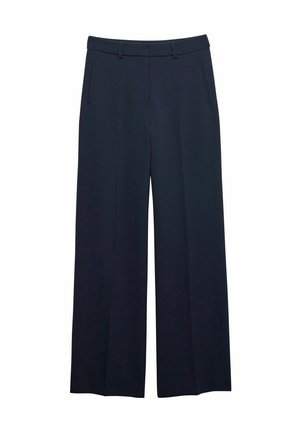 Pantalons larges bleu marine en tissu lisse, dotés de deux poches latérales et d'une taille cintrée pour une coupe structurée.