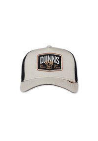 Beige Baseballcap mit schwarzen Mesh-Seiten, versehen mit einem rechteckigen Patch mit der Aufschrift "DJUNNS Do Noth ING Club" und Details in Form von Palmenstickerei.