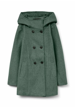 Manteau vert à double boutonnage avec capuche, confectionné en tissu texturé. Il dispose de boutons noirs et de poches latérales.