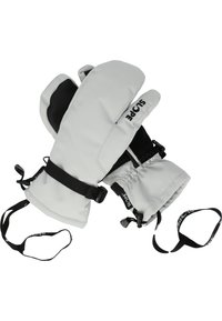 Harmaat eristysetuhkarukkaset mustilla yksityiskohdilla, joissa on säädettävät rannehihnat ja elastiset hihansuut turvallista istuvuutta varten. Logo on kankaassa.