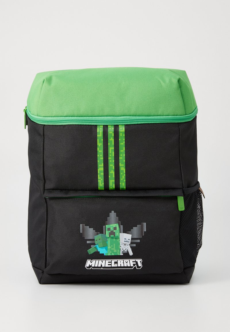 Sac à dos noir avec un dessus vert, présentant des personnages pixelisés de Minecraft à l'avant, des accents verts et trois bandes verticales vertes.
