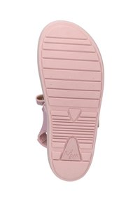 Roze sandaalzool met gestructureerde patronen en groeven voor grip, met een ronde teen en een verstelbare band aan de zijkant.