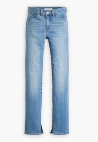 Jeans in denim azzurro chiaro con un design a gamba dritta, dotati di chiusura con bottone, tasche frontali e dettagli tagliati alla caviglia.