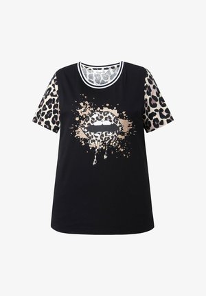 Sort T-shirt med korte ærmer i leopardprint, med et motiv af gyldne og leopardmønstrede læber med malingspletter. Blødt bomuldsstof.