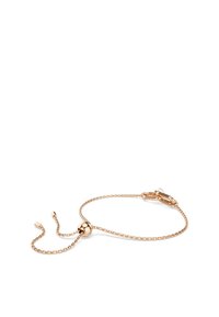 Pulsera ajustable de oro rosa que presenta una delicada cadena, detalles de cuentas redondas y un cierre seguro con dos extremos deslizantes para personalizar el tamaño.