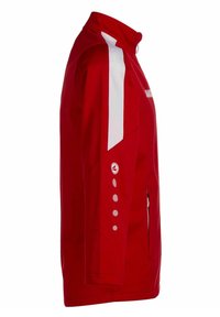 Rode jas met een hoge kraag en witte accenten. Beschikt over een gladde textuur, twee zijzakken en decoratieve knoopdetails op de mouwen.