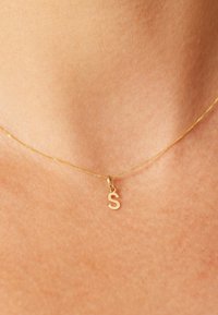 Collier en or avec un petit pendentif en forme de « S », posé sur une peau nue, avec une chaîne fine et un design minimaliste. Texture lisse et éclat subtil.