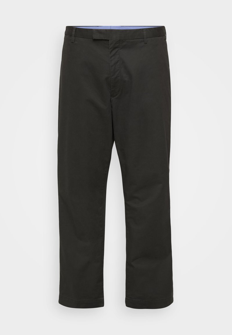 Μαύρο, παντελόνι με ίσια γραμμή από λείο ύφασμα. Διαθέτει κανονική μέση με θηλιές για ζώνη και καθαρό φινίρισμα στα μανσέτα.