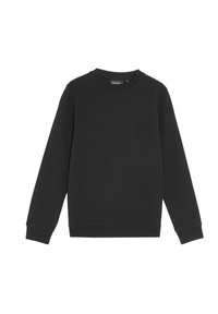 Felpa nera realizzata in misto cotone, con collo a girocollo, maniche lunghe e un logo goffrato discreto sul petto. Tessuto liscio.