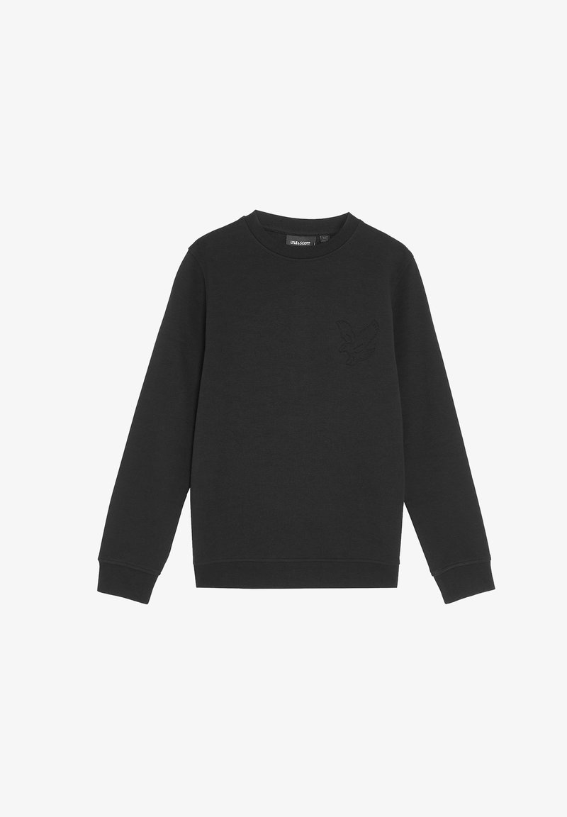 Felpa nera realizzata in misto cotone, con collo a girocollo, maniche lunghe e un logo goffrato discreto sul petto. Tessuto liscio.