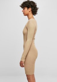 Robe en tricot côtelé beige avec des manches longues et une silhouette ajustée, se terminant juste au-dessus du genou. Texture lisse et design sans couture.
