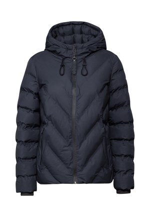 Doudoune bleu marine avec capuche, présentant un motif en chevrons matelassé, fermeture éclair devant, cordons de serrage ajustables et poignets élastiques.