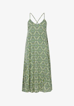 Vestido verde con un diseño geométrico floral, hecho de tela ligera, que cuenta con dos tirantes delgados ajustables y una silueta fluida.