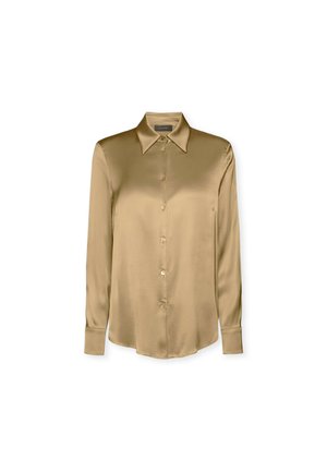 Satijnen langarmshirt, lichtbeige kleur, klassieke kraag, knoopsluiting aan de voorkant, soepele textuur, getailleerde pasvorm en subtiele glans.