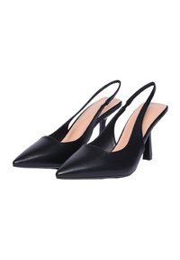 Décolleté slingback in pelle nera con punta affusolata, tacco basso a blocco e finitura liscia. Presenta lati intagliati e soletta di un beige chiaro.
