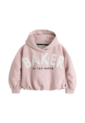 Light pink cropped hoodie with large white letters spelling "BAKER" and smaller black text "BY TED BAKER" on front, long sleeves, and hood.
