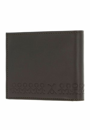 Brown leather wallet with embossed design of stick figures holding hands along the bottom edge against a white background.