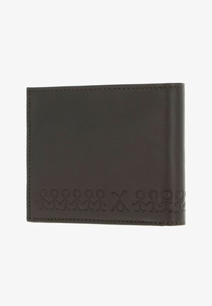 Brown leather wallet with embossed design of stick figures holding hands along the bottom edge against a white background.