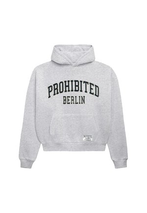 Mann trägt einen grauen Hoodie mit dem Text "PROHIBITED BERLIN", eine schwarze Baseballkappe und Nadelstreifenhosen vor einem schlichten hellen Hintergrund.