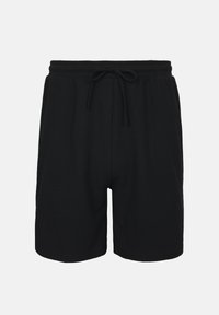 Shorts décontractés noirs avec ceinture élastique et cordon, longueur genou avec poches latérales, présentés sur un fond clair uni.