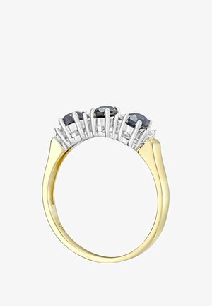 Kuld- ja hõbesõrmus, millel on kolm ovaalset tumedat kivi, ümbritsetud väikeste selgete kividega, tekstureeritud bänd ja poleeritud pind.