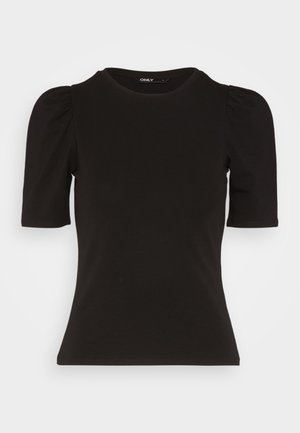 Crna majica kratkih rukava od mekog materijala, s okruglim izrezom i napuhanim rukavima, sa oblikovanim siluetom.