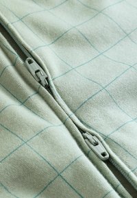 Veste zippée vert clair avec un motif à carreaux, mettant en avant un contraste bleu. La fermeture éclair est grise avec un tirage lisse. Texture de tissu douce.